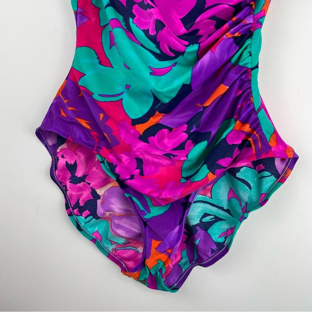 Vtg Y2K Abstract Swim One Piece Sz 16 High Cut Neon Floral Print Ruched